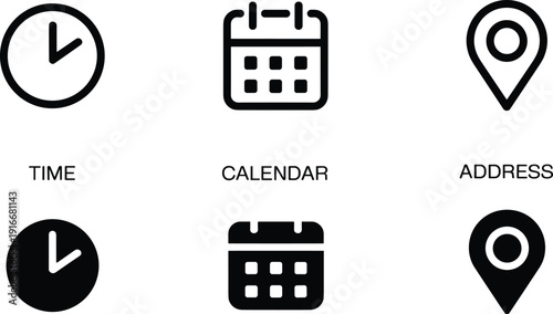 Essential vector icons for scheduling and navigation, featuring clocks, calendars, and location pins rendered in dual outline and solid black styles on a white background.