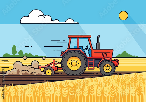 Red Tractor Plowing Field Agricultural Machinery.