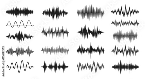 Various digital sound wave frequencies and audio spectrum waveforms on isolated white background