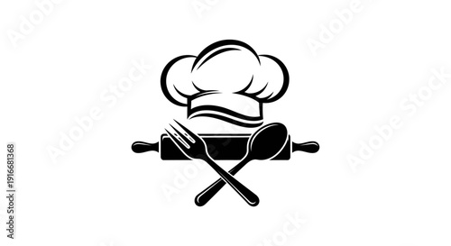 Chef Hat with Crossed Fork, Spoon, and Rolling Pin Kitchen Utensil Icon on Isolated White Background