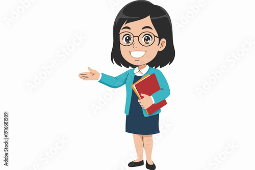 Enthusiastic Teacher Introducing Lesson Plan with Friendly Gesture in Classroom Setting, Ideal for Online Learning Material, Educational Presentation, Cheerful Tutor, Instructor, Guide, Cartoon Style,