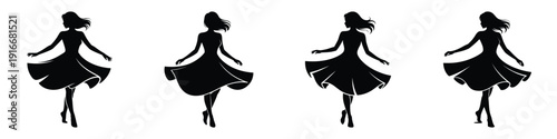 Dancing Summer Woman Silhouette Vector – Elegant Female in Flowing Dress, Graceful Lady Twirling Art, Minimalist Black and White Fashion Illustration for Beauty, Design, and Seasonal Concepts