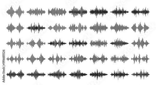 Collection of various sound wave patterns and audio spectrum visualizations on isolated white background