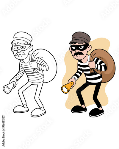 Cartoon Thief Sneaking with Swag Bag: Playful Robber Character in Striped Outfit & Mask, Holding Flashlight. Burglar Concept Design Elements for Children's Book Illustration, Animated Film, Educationa