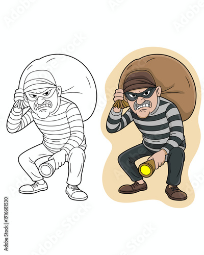 Determined Burglar Crouching with Loot Sack and Flashlight, Cartoon Comic Character Crime Caper, Illustration Art for Children's Book, Criminal Thief in Striped Costume, Delivering a Sense of Mischief