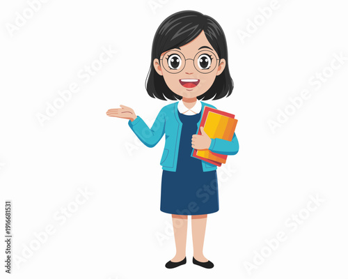 Cheerful Female Teacher Explaining Lesson in Classroom, Holds Books and Gestures to the Side, Educator in School, Promoting Learning, Educating, Cartoon Style Illustration with Friendly Smile, Lecture
