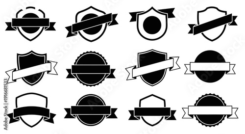 Collection of black silhouette vintage badges, labels, and ribbons for branding and promotion on isolated white background