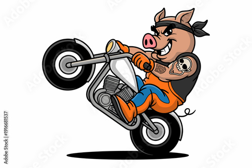 Biker Pig Doing Wheelie on Motorcycle Cartoon Illustration, Street Outlaw Hog Rider in Black Bandana, Grinning, Tattooed Rebel Animal Clipart on Chopper, Funny Transport Mascot for Automotive, Custom