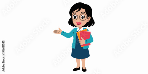 Cheerful Female Teacher Inviting Students into Classroom: Back-to-School Concept with Woman Presenting Educational Materials in a Friendly Way, Ideal for Kids Illustrations, Vector Clip Art, School Pr