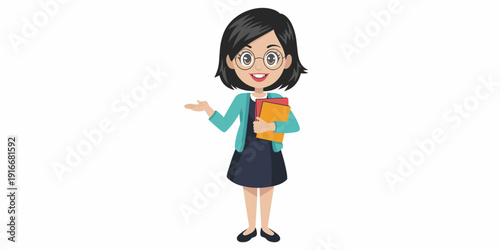 Enthusiastic Teacher Presenting Lesson in Classroom Explaining Educational Materials with Friendly Smile. Happy Young Woman with Glasses Holding Books in Studio. Tutor, Educator, Professor Guiding Stu