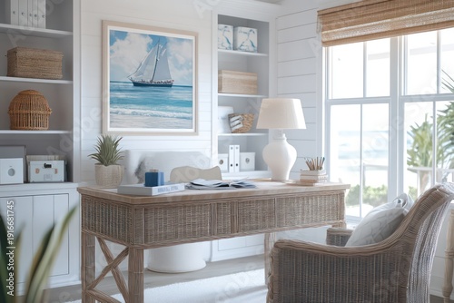 A coastal office with light, airy colors, natural light, and nautical decor accents. Opt for a palette of whites, blues, and sandy neutrals, complemented by wicker furniture 