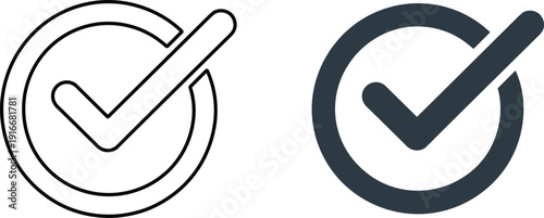 Minimalistic pair of dark gray checkmark icons enclosed in circles, symbolizing successful verification, task completion, and digital approval on a bright, isolated white background.
