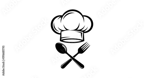 Classic Chef Hat with Crossed Spoon and Fork for Restaurant Logo on Isolated White Background