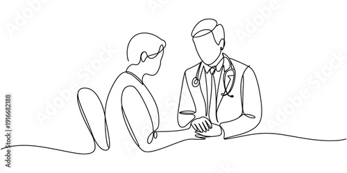 Continuous Line Drawing of Doctor and Healthcare Activities – Medicine, Patient and Medical Concept Single Line Vector Illustration.