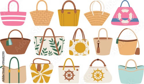 Colorful women tote bags collection isolated on white background, summer fashion handbags set with beach, straw, floral and nautical designs