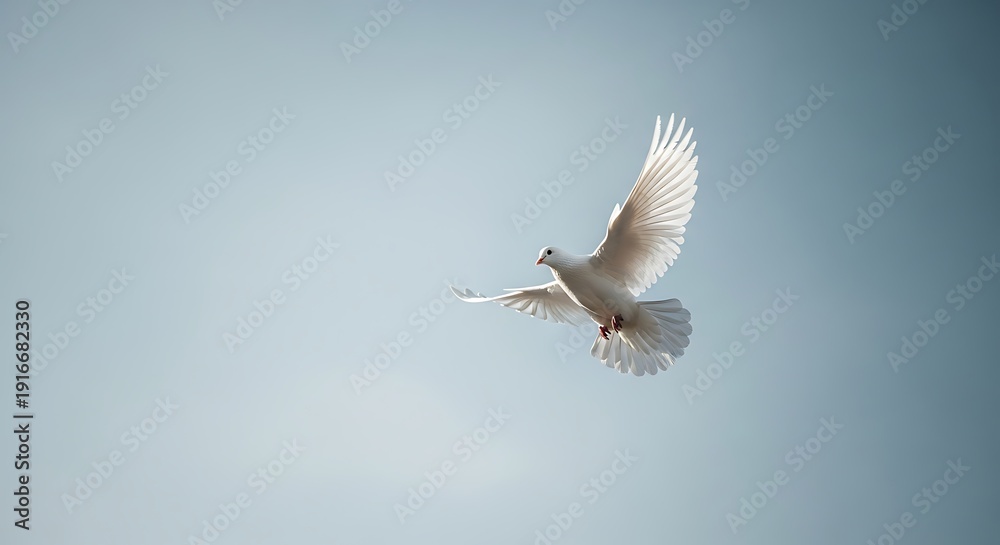 Fototapeta premium A lone white dove with outstretched wings soars against a soft blue sky during the day