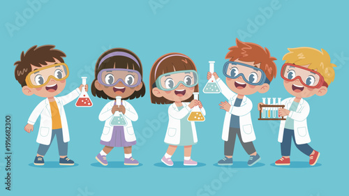Enthusiastic Young Scientists Conducting Chemistry Experiments in Lab, Kids in Safety Goggles Holding Beakers with Colorful Liquids Discovering, Cartoon Children Science Education, STEM Learning Envir