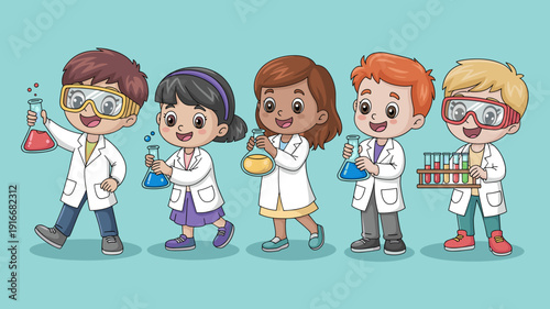 Enthusiastic Young Scientists Conducting Chemical Experiments in a Laboratory, Kids in White Coats Holding Beakers and Test Tubes, STEM Education Discovery, Cute Cartoon Style Illustration, Educationa