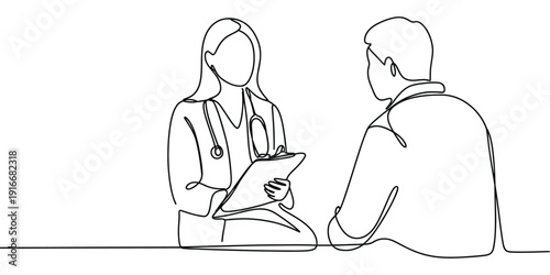 Continuous Line Drawing of Doctor and Healthcare Activities – Medicine, Patient and Medical Concept Single Line Vector Illustration.