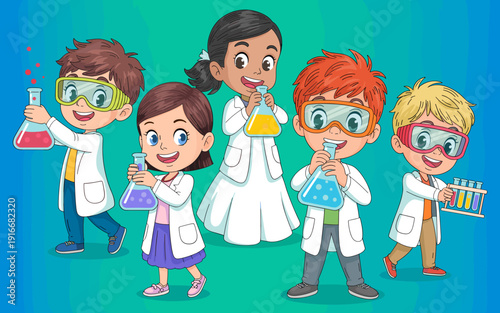 Enthusiastic Young Scientists Experimenting with Colorful Liquids in a Lab: Education, Discovery, and Chemistry Fun, Children in White Coats with Beakers and Test Tubes, Teamwork, Future Innovators, C