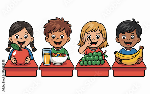 Happy Children Eating Fruit at School - Positive Nutrition Education Illustration with Kids Enjoying Healthy Snacks of Apples, Bananas, Grapes & Cereal for Breakfast or Lunch, Cheerful Food Choices, V