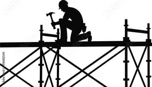 Construction worker silhouette kneeling on scaffolding with hammer isolated on white background for building maintenance and industrial design