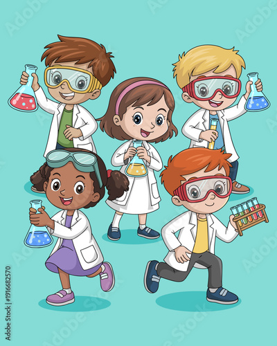 Enthusiastic Young Scientists Teamwork Exploring Science Lab Discoveries, Children Conducting Experiments in the Classroom, Learning Chemistry and Physics Concepts, Cartoon Vector Illustration for Edu