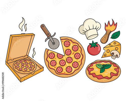 Cartoon Pizza Preparation and Delivery Illustration: Culinary Chef Hat, Hearty Meal, Italian Cuisine, Pizzeria Order, Sliced Pepperoni, Hot Food, Slice, Baking, Cooking, Ingredients, Delicious Treat,