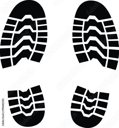 Boot and shoe print silhouette illustration, rugged tread sole design in multiple sizes, black vector artwork symbolizing tracking, movement, footprint motif