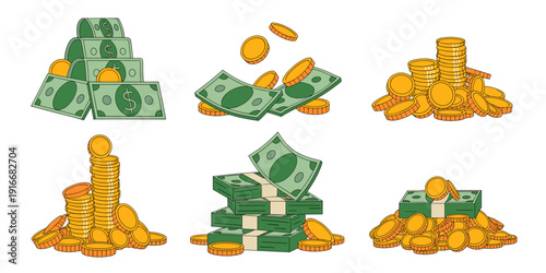 Abundant Money Stacks Floating with Coins Illustration: Financial Prosperity and Investment Growth Symbolizing Wealth Accumulation, Savings Success, and Financial Market Gains; Hand-Drawn Style Vector