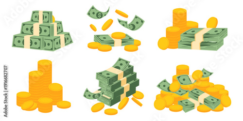 Wealth Accumulation Concept: Piles of Money and Coins in Cartoon Style Representing Financial Growth, Investment Success, Economy, Business, and Savings. Ideal for Finance, Banking, and E-commerce App