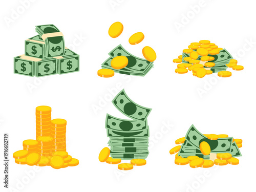 Stacks of Money and Coin Collection Amassment for Financial Success and Investment Savings Growth on White Backdrop Cartoon Illustration for Business Strategy and Wealth Economy Metaphor, Minimalist D