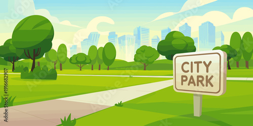 City Park Landscape Illustration: Relaxing Green Space View with Trees and Buildings, Urban Oasis, Cartoon Style Scenery Background for Family Activities, Recreation and Nature Escape (park, city, tre