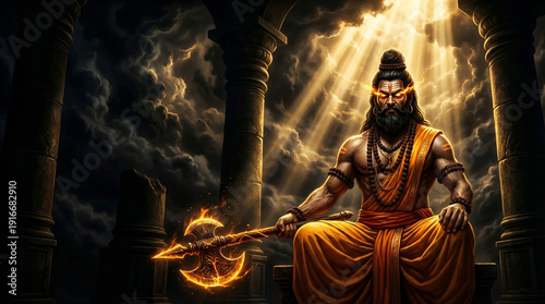 Lord Parashurama with Divine Axe in Temple – Hindu Mythology Spiritual Art