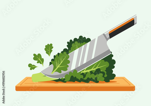 Chef Knife Chopping Fresh Green Leafy Vegetables on Wooden Board.