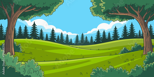 Lush Green Landscape Illustration: Cartoon Forest Scenery with Trees, Hills, and Bushes on a Sunny Day - Perfect for Children's Books, Nature-Themed Graphics, Outdoor Event Backdrops, and Educational