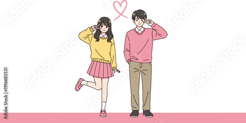 Flat vector illustration of a cute young couple in love wearing sweaters and posing with peace signs and heart symbol