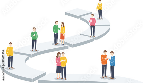 Isometric vector illustration of diverse people standing on a winding path representing a user journey customer experience or roadmap