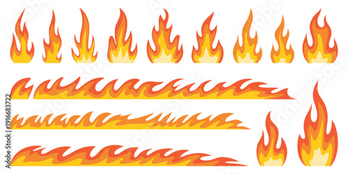 Fiery Flame Vector Graphics Collection Igniting Passion, Cartoon Style Isolated on White Background, Animation Elements for Motion Graphics in Entertainment/Gaming/Design, Flames Bordering Text, Brigh