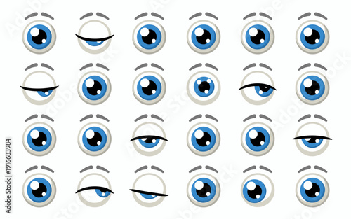 Cartoon Eyes Set with Varied Expressions - Animated Faces Symbolizing Surprise Moods, Boredom & Emotions for Animated Graphics, Funny Avatars, Mascot Designs & Children's Media on a White Background,