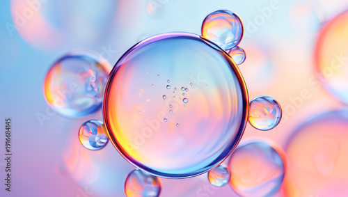 Molecules of hyaluronic acid suspended in vibrant space, highlighting cosmetic beauty applications and scientific research visuals, Bubbles, moisturiser, liquid essence, serum or toner, skin hydration