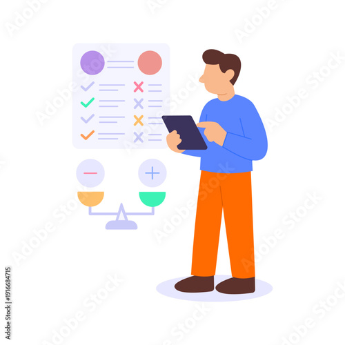 Pros and Cons, balancing advantages and disadvantages objectively, Flat vector character illustration
