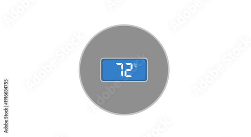 Digital thermometer displaying seventy-two degrees in a grey circular frame viewed from directly above