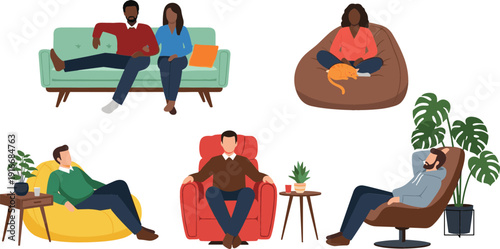 Flat vector illustration of diverse people relaxing on sofas bean bags and armchairs with pets and plants in a cozy home environment