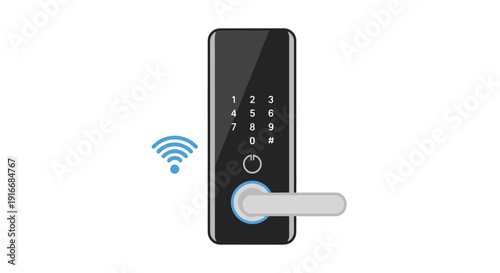 Smart digital lock with keypad and biometric scanner on door handle from front view
