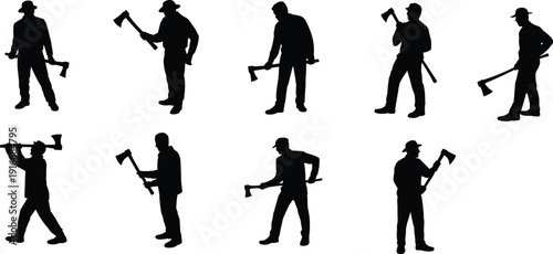 Silhouette collection of people holding axes in various poses, standing, walking, preparing to chop wood, isolated background