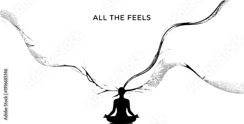 Mindfulness and Mental Health Wellness Silhouette, Person in Yoga Pose with Sensory Aura Lines