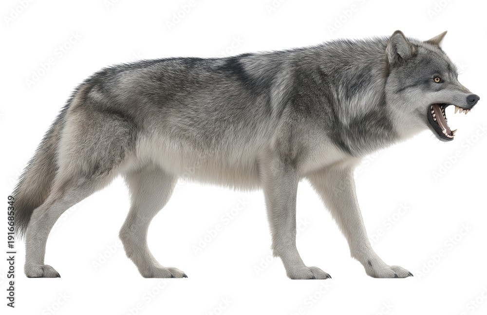 Obraz premium Full body side view of an angry grey wolf showing teeth and open mouth isolated on a transparent background