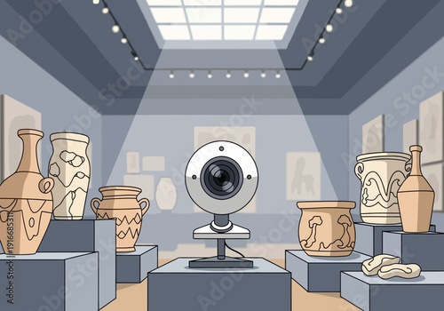 Webcam positioned in museum exhibit displaying ancient pottery.