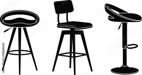 Black silhouette bar stool set with modern and classic designs, adjustable swivel chairs isolated on white background for furniture illustration collection